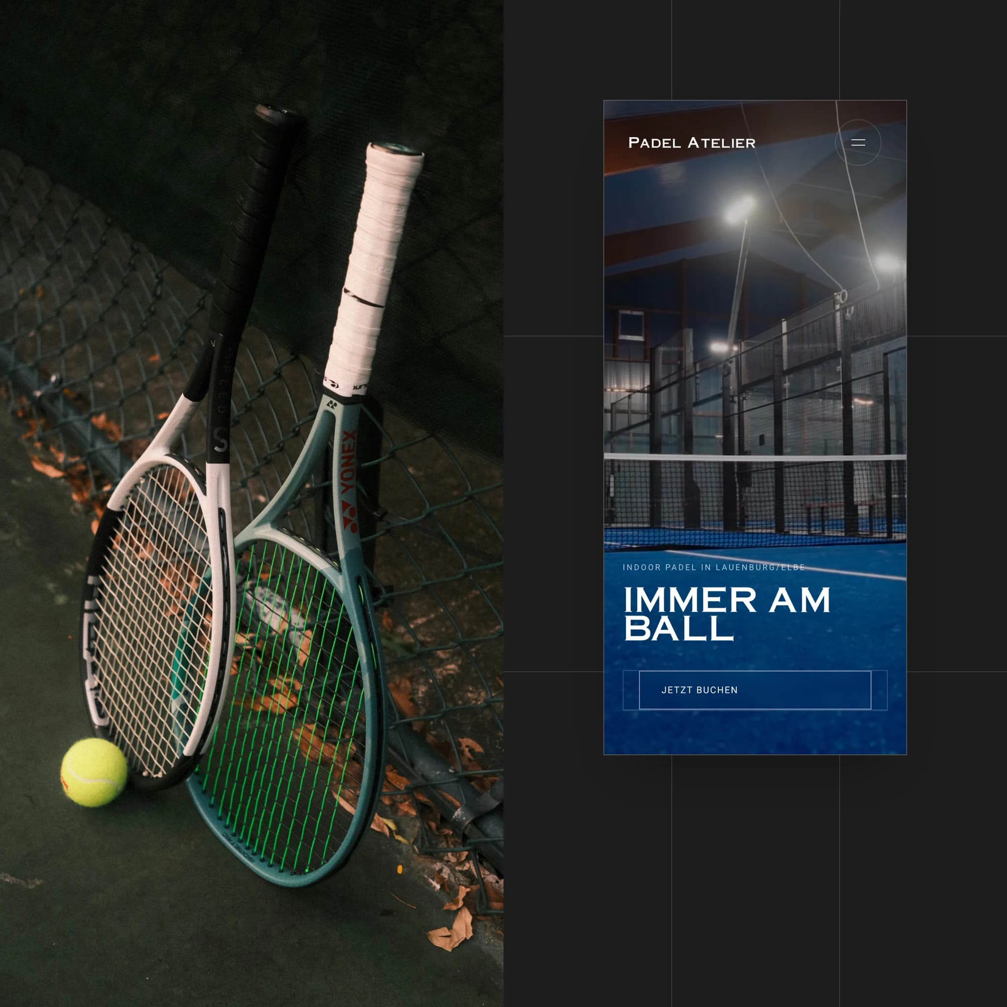 A spread: two rackets on the court beside the Padel Atelier home page on a phone.
