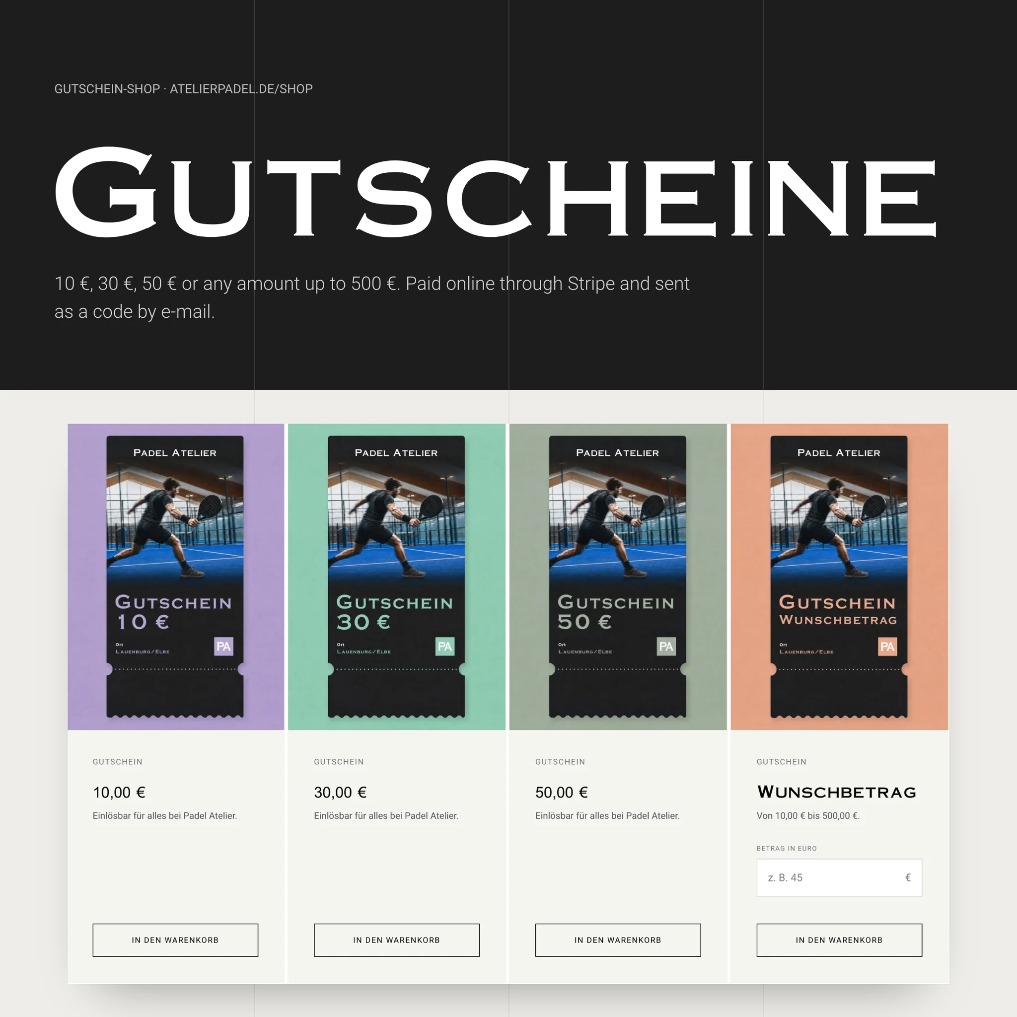 “Gutscheine” in Copperplate above the voucher shop: 10 €, 30 €, 50 € and a chosen amount, each with its add-to-cart button.