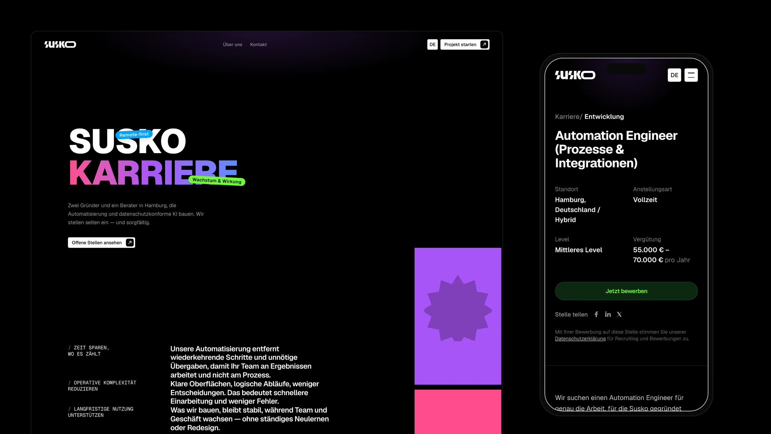 The Careers page — “SUSKO KARRIERE” with its stickers and the purple, pink and blue shape tiles — beside a job ad for an Automation Engineer on a phone.