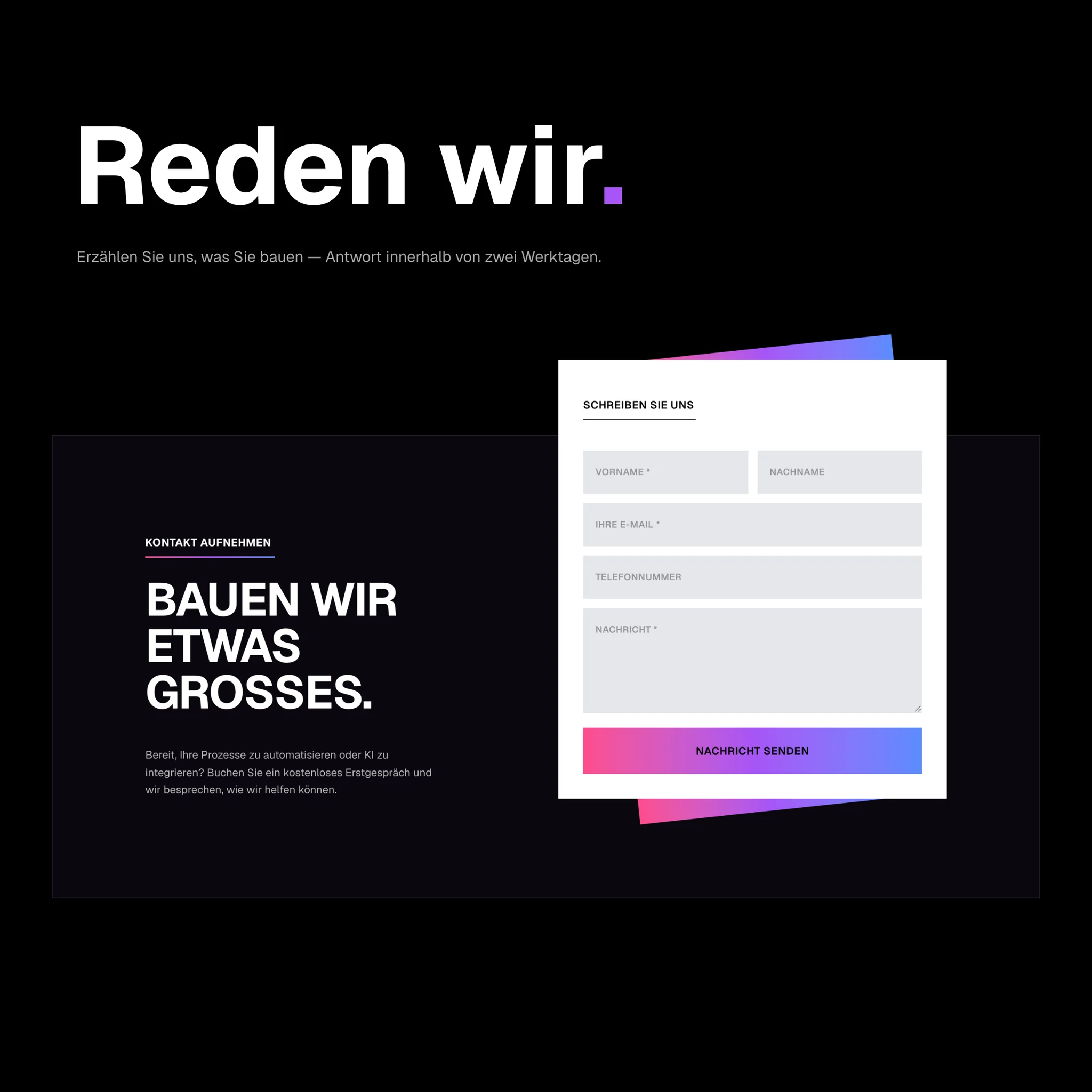 “Reden wir.” above the contact panel: “Bauen wir etwas Großes.” and the white form on two tilted gradient sheets.