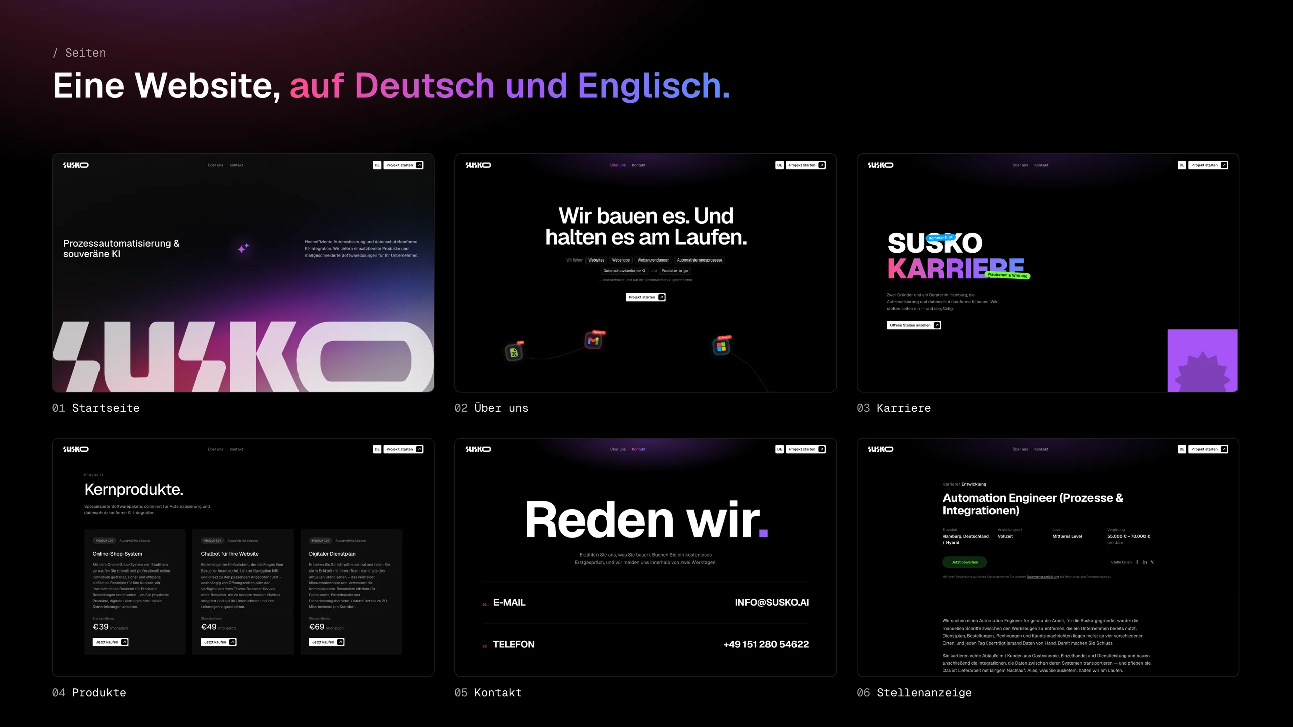Six pages of the Susko website — home, About, Careers, Products, Contact and a job ad — under the line “Eine Website, auf Deutsch und Englisch.”