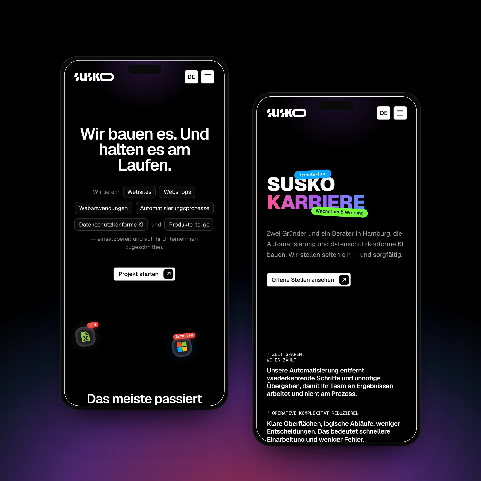 The About page and the Careers page on two phones, in the site’s pink and purple glow.