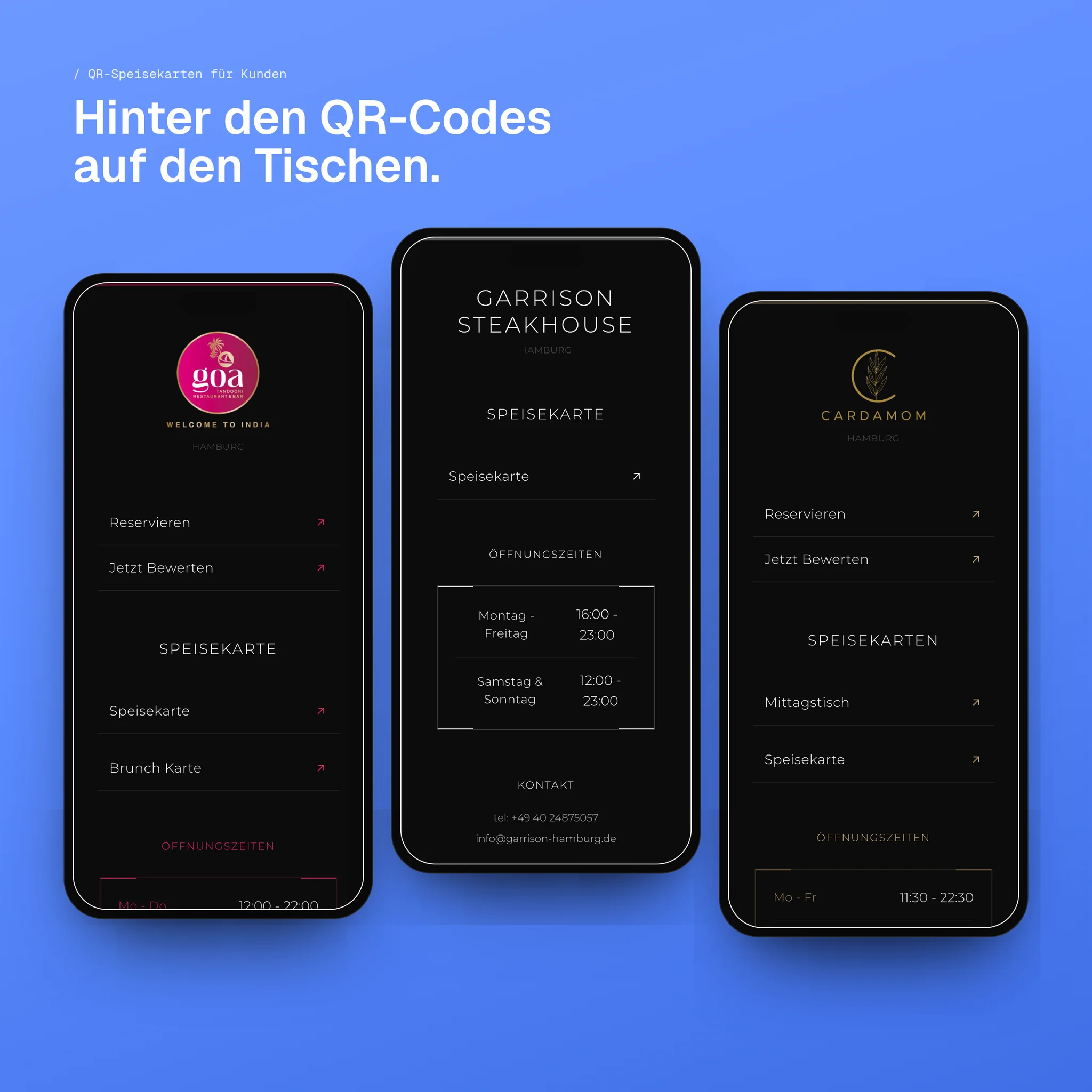 The QR menus for three of Susko’s restaurant clients — Goa, Garrison Steakhouse and Cardamom — on three phones, on the accent blue.